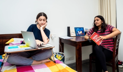 Students studying in the dorm.